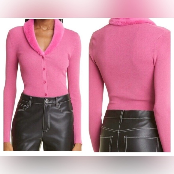 New! STAUD 💗 Celina Faux Fur Collar Rib Knit Top In Lollipop 💗 XS! SALE! - Picture 3 of 14